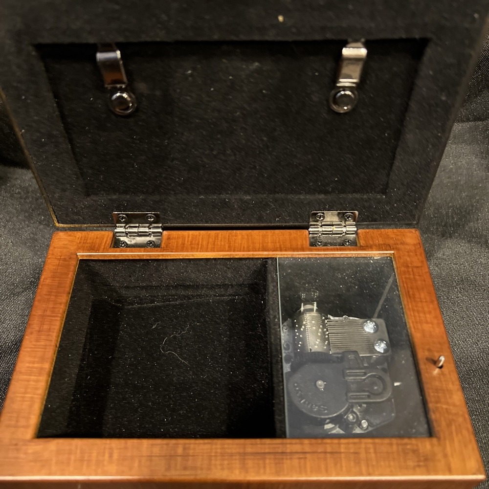 Wooden Music Musical Jewelry Box Glass Picture frame Hinged Lid Sankyo Movement - Picture 3 of 11